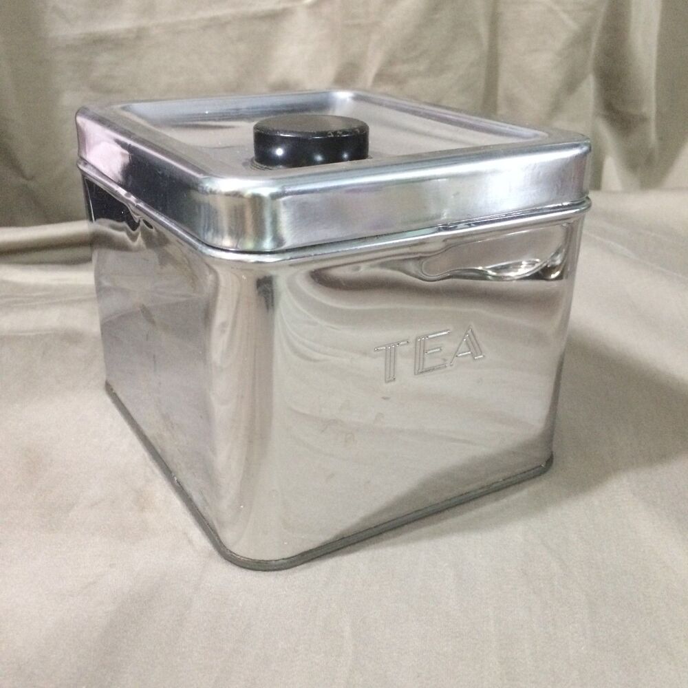 Vintage Kreamer Ware Chrome TEA Canister 1950s MCM Metal Kitchen Tin Black Knob